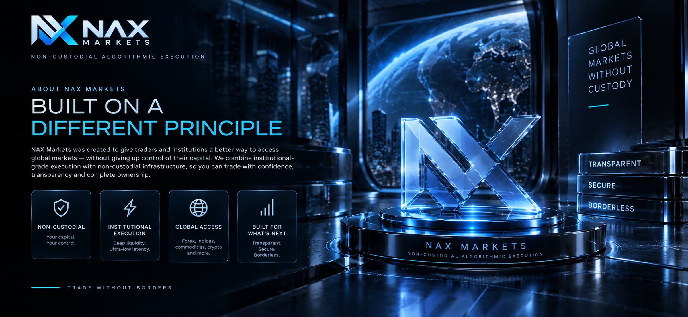 About NAX Markets: built on a different principle. Non-custodial, institutional execution, global access across forex, indices, commodities and crypto, built for what's next.