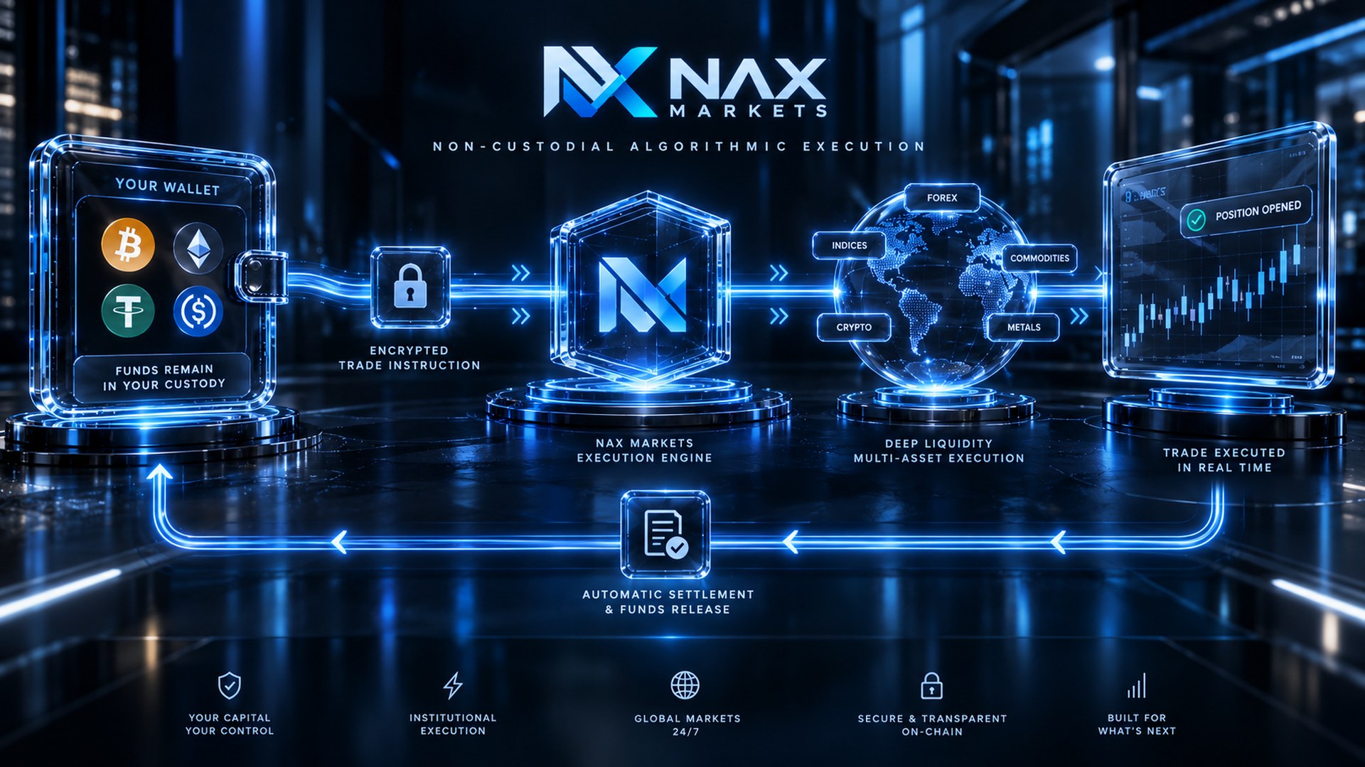 The NAX Markets flow: funds remain in your custody, an encrypted trade instruction reaches the execution engine, the position is executed across forex, indices, commodities, metals and crypto, and settlement automatically releases funds back to your wallet.